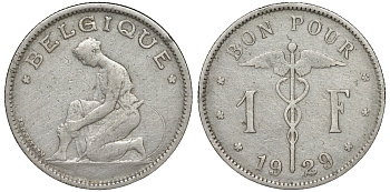 Бельгия 1 франк 1929 Belgique KM 89 никель 51-2052