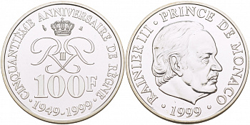 Монако 100 франков 1999 50 лет правления Ренье III KM 175 серебро UNC 1087-4-23
