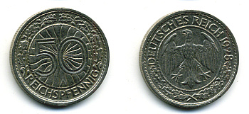 Германия 50 рейхспфеннигов 1928 A KM 49, J.324 никель 58-456