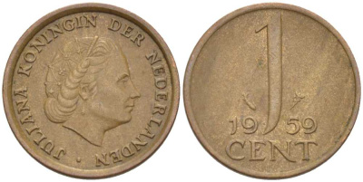 НИДЕРЛАНДЫ 1 ЦЕНТ 1959 ЮЛИАНА KM 180 бронза 66-851