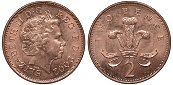 Великобритания 2 пенса 2002 Елизавета II (1952-2022) KM 987, Spink 4690 (C5) сталь плакированная медью UNC 4122-842