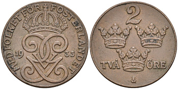 Швеция 2 эре 1933 Густав V (1907-1950) KM 778 бронза 63-1335