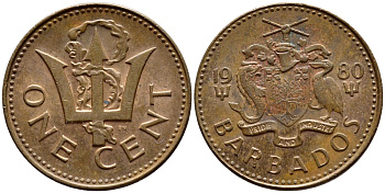 Барбадос 1 цент 1980 сломанный трезубец Британии KM 10 бронза 4396-1258