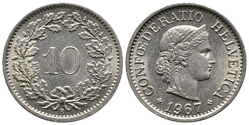 ШВЕЙЦАРИЯ 10 РАППЕНОВ 1967 В KM 27 медно-никель 75-1616