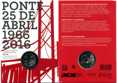 Португалия 2 евро 2016 50 лет мосту имени 25 апреля, запайка, картонный буклет KM 866 биметалл BUNC 3-4-8-34