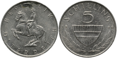 АВСТРИЯ 5 ШИЛЛИНГОВ 1990 KM 2889а медно-никель 33-626