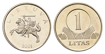 Литва 1 лит 2001 KM 111 медно-никель UNC 4364-2435