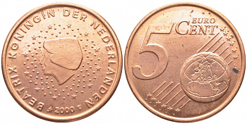 НИДЕРЛАНДЫ 5 ЕВРОЦЕНТОВ 2000 KM 236 сталь покрытая медью UNC 3856-533