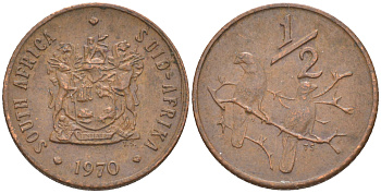 ЮАР 1/2 цента 1970 два капских воробья на ветке KM 81 бронза 4547-713