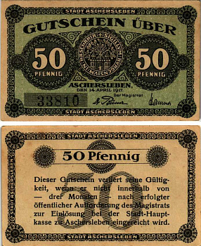 Германия, Ашерслебен 50 пфеннигов 1917 нотгельд, 14 апреля 1917, земля Саксония-Анхальт Tie.0225/11 Gr.A 29.3b  бумага   7523-4-4-2