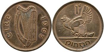 ИРЛАНДИЯ 1 ПЕННИ 1965 КУРИЦА С ЦЫПЛЯТАМИ KM 11 бронза 4531-721
