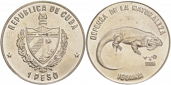 Куба 1 песо 1985 серия природный заповедник, игуана KM 182 медно-никель UNC M35-16