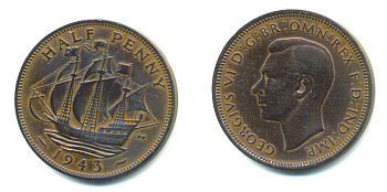 Великобритания 1/2 пенни 1943 Георг VI (1936-1952) KM 844, Spink 4115 бронза 59-716