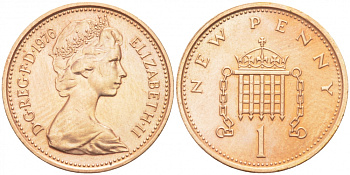Великобритания 1 пенни 1976 Елизавета II (1952-2022) KM 915, Spink 4237 (B1) бронза 3955-537