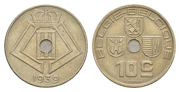 Бельгия 10 сантимов 1939 Belgie - Belgique, Леопольд III (1934-1947) KM 113 никель латунь 4640-1258