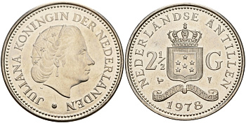 Нидерландские Антилы 2 1/2 гульдена 1978 Юлиана (1948-1980) KM 19 никель UNC 4140-224