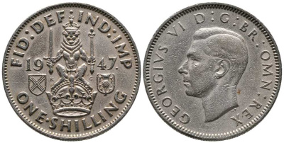 Великобритания 1 шиллинг 1947 Георг VI (1936-1952), Шотландский герб KM 864, Spink 4104 медно-никель 1518-522