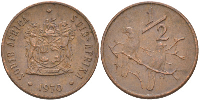 ЮАР 1/2 цента 1970 два капских воробья на ветке KM 81 бронза 4547-713