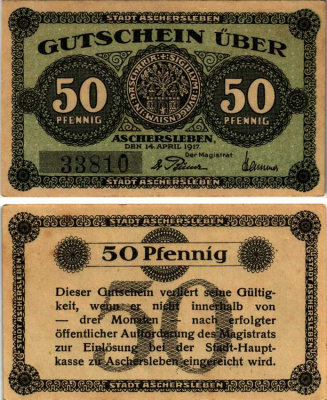 Германия, Ашерслебен 50 пфеннигов 1917 нотгельд, 14 апреля 1917, земля Саксония-Анхальт Tie.0225/11 Gr.A 29.3b  бумага   7523-4-4-2