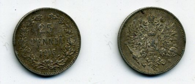 Россия для Финляндии 25 пенни 1916 S, Николай II (1894-1917) KM 6.2, Биткин 421 серебро 46-1351