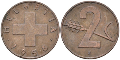 Швейцария 2 раппена 1958 В KM 47 бронза 4591-1231