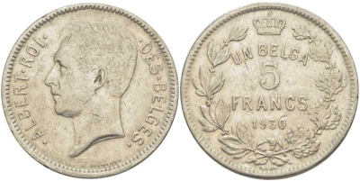 БЕЛЬГИЯ 5 ФРАНКОВ 1930 АЛЬБЕРТ I, DES BELGES KM 97.1 никель 3851-123