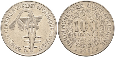 Валютное сообщество стран Западной Африки 100 франков 1987  KM 4 никель 4595-813