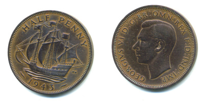 Великобритания 1/2 пенни 1943 Георг VI (1936-1952) KM 844, Spink 4115 бронза 59-716