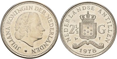 Нидерландские Антилы 2 1/2 гульдена 1978 Юлиана (1948-1980) KM 19 никель UNC 4140-224