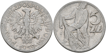 Польша 5 злотых 1959 MW, рыбак KM 47 алюминий 4565-113