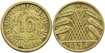 ГЕРМАНИЯ 10 РЕНТЕНПФЕННИГОВ 1924 A KM 33, J. 309, Weege 8 алюминиевая бронза 26-256