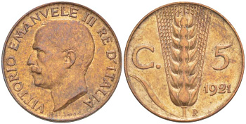 ИТАЛИЯ 5 ЧЕНТЕЗИМО 1921 R, МОНДВОР РИМ, ВИКТОР ЭММАНУИЛ III (1900-1946) KM 59 медь 4525-134