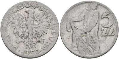 Польша 5 злотых 1959 MW, рыбак KM 47 алюминий 4565-113