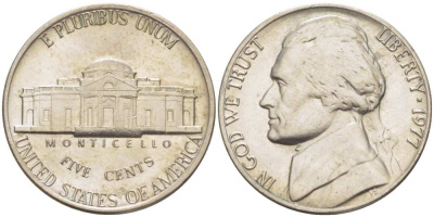 США 5 ЦЕНТОВ 1977 ДЖЕФФЕРСОН KM А192 медно-никель 210-534