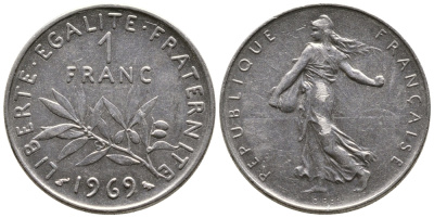 ФРАНЦИЯ 1 ФРАНК 1969 СЕЯТЕЛЬ KM 925.1 никель 56-1252