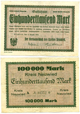 НОЙВИД, ГЕРМАНИЯ 100000 МАРОК 1923 1 АВГУСТА 1923 - 1 СЕНТЯБРЯ 1923, НОТГЕЛЬД, ЗЕМЛЯ РЕЙЛАНД-ПФАЛЬЦ, СЕРИЯ А, НОМЕР, СНЕЖИНКА Keller 3903e бумага VF 8613-34-2-2