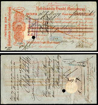 Индонезия вексель в 10000 гульденов 1879 Фактория Нидерландской торговой компании в Батавии для филиала в Амстердаме, (из коллекции Verkooijen)   бумага   8805-85-1-2