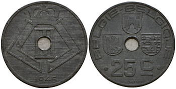 Бельгия 25 сантимов 1945 Belgie - Belgique KM 132 цинк 33-1231