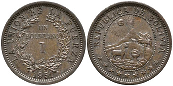 Боливия 1 боливиано 1951 KN KM 184 бронза 112-755