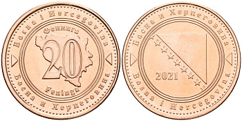 Босния и Герцеговина 20 фенигов 2021 KM 116 сталь плакированная медью UNC 4523-337