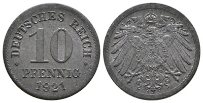 ГЕРМАНИЯ 10 ПФЕННИГОВ 1921 KM 26, J. 299 цинк 4380-227