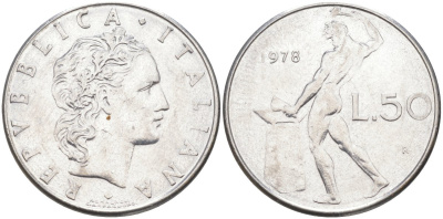 Италия 50 лир 1978 R, бог огня Вулкан у наковальни KM 95.1 нержавеющая сталь 4525-1013