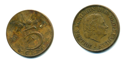 Нидерланды 5 центов 1969 Юлиана (1948-1980) KM 181 бронза 76-435