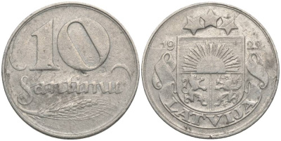 Латвия 10 сантимов 1922 первая Республика (1918-1939) KM 4 никель 4549-1229