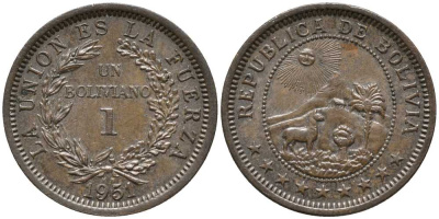 Боливия 1 боливиано 1951 KN KM 184 бронза 112-755