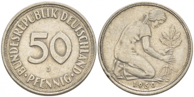 ФРГ 50 ПФЕННИГОВ 1950 J KM 109.1, J. 384 медно-никель 4396-1662