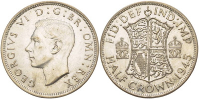 Великобритания 1/2 кроны 1945 Георг VI (1936-1952) KM 856, Spink 4080 серебро 4542-525