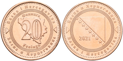 Босния и Герцеговина 20 фенигов 2021 KM 116 сталь плакированная медью UNC 4523-337