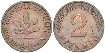 ФРГ 2 ПФЕННИГА 1969 G KM 106а, J. 381а сталь плакированная сталь плакированная медьюю 4181-756