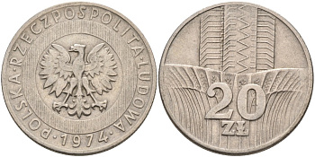 Польша 20 злотых 1974 монетный двор Кремница KM 67, Parchimowicz 245b медно-никель 189-834